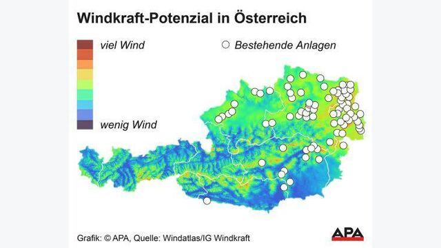 Gebiete mit viel bzw. wenig Wind, bestehende Anlagen - Karte; Die Auslieferung der APA-Grafiken als Embed-Code ist ausschlie?lich Kunden mit einer g?ltigen Vereinbarung f?r Grafik-Pauschalierung vorbehalten. Dabei inkludiert sind automatisierte Schrift- und Farbanpassungen an die jeweilige CI. F?r weitere Informationen wenden Sie sich bitte an unser Grafik-Team unter grafik@apa.at. GRAFIK 0857-22, 88 x 72 mm