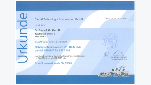 Urkunde ÖNORM EN 877:2006, Preis & Co