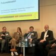 Bei der Podiumsdiskussion v.l.n.r.: Reinhold Hödl (ÖBB Infra), Gerald Goger (REB, TU Wien), Caroline Palfy (Handler Bau), Jürgen Raschendorfer (Porr AG), Andreas Fromm (Asfinag), daniel Deutschmann (Heid & Partner), Thomas Pöll (WEKA Industrie Medien, Moderation)