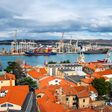 Aerial view of port of Koper, Slovenia. Cloudy sky over the historical buildings.