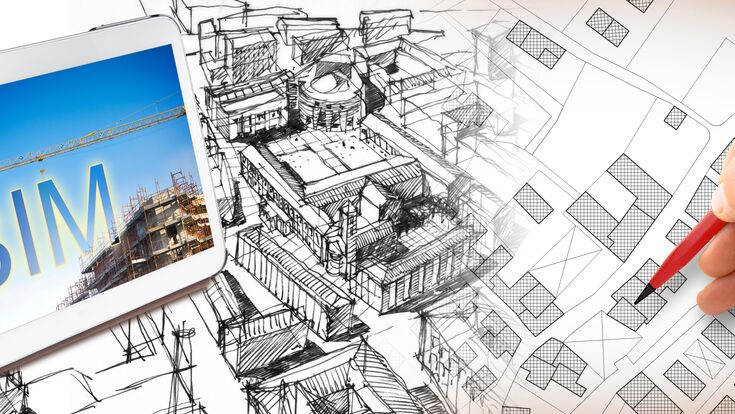 © Francesco Scatena - stock.adobe. Planning a new city with BIM, Building Information Modeling system, a new way of architecture designing - concept with an enginee or architect drawing a sketch of a new modern imaginary town and digital tablet.