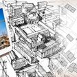 Planning a new city with BIM, Building Information Modeling system, a new way of architecture designing - concept with an enginee or architect drawing a sketch of a new modern imaginary town and digital tablet.