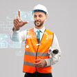 Front view of smiling architect with paper rolls wearing reflective vest and helmet. Digital tactile charts screen, man touching virtual icon on projection. Concept of digitalization, construction.