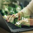 ESG environment social governance investment business concept. Women use a computer to analyze ESG, surrounded by ESG icons .close to the computer screen in business investment strategy concept.