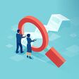 Vector of businessman and a businesswoman looking through a magnifying glass at financial document