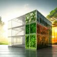 Sustainability in urban construction nowadays. Heat and carbon dioxide emissions can be reduced by both the glass structure's insulation and the surrounding forest. Environment friendly workplace desi. Generative AI
