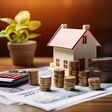 The idea of a home loan, represented by a paper application form, along with a money coin and a model of a house, placed on a table. This represents the financial aspect of loans for real estate