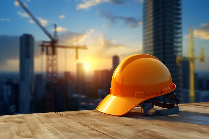 Construction helmet on a blurred background of a construction site at sunset. AI generated