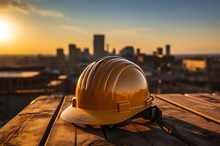 worker, helmet, ppe, construction, safety, hardhat, sunlight, city, architect, construction site, builder, workwear, equipment, business, foreman, sky, professional, civil, employee, maintenance, safety first, employment, security, contractor, site, job, engineer, engineering, protective, protection, headgear, factory, industry, industrial, rooftop, challenge, danger, risk, unsafe, working, orange, place, object, personnel, safe, high-rise, development, build, tower