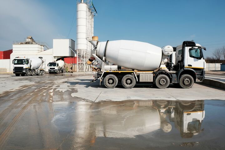 mixer, concrete, factory, cement, modern, water, puddle, reflection, blue, business, car, cargo, construction, delivery, engineering, equipment, heavy, industrial, industry, machine, machinery, metal, new, plant, production, road, site, sky, steel, structure, tank, technology, tower, transport, transportation, truck, vehicle, white, work