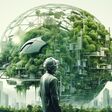 Generative AI of Stylish handsome cyborg head city and green forest panorama background, Futuristic man, Resource recycling, Green tech, Sustainable development goals. SDGs, Environmental technology