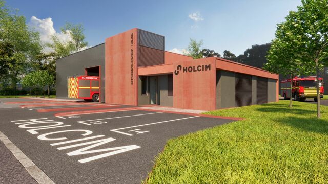 Rendering neues Feuerwehrgebäude Betriebsfeuerwehr im Holcim Zementwerk Mannersdorf.