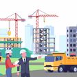 Building site. Builder and contractor in workflow. Workers consider project drawing. Skyscrapers and houses construction. Cityscape with unfinished homes and trucks. Housing development. Vector poster