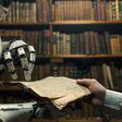 A robot in a library shares an old book with a human.