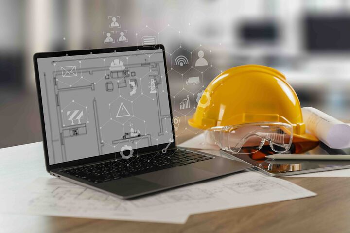 Engineer architect industry 4.0 using computer construction site, industrial and innovation infographic at building futuristic architect control innovation safety design