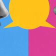 Conceptual graphic design. Man with mustache and woman in profile, large yellow speech bubble floating between them, highlighting dialogue, contrast, and social interaction. Concept of communication.