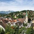 Townscape od Feldkirch, Vorarlberg, Austria. Austrian Alps in the background.