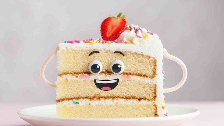 Playful cartoon face on strawberry topped vanilla layer cake slice with sprinkles.