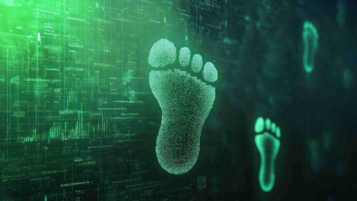 Green digital footprints on a circuit board background.