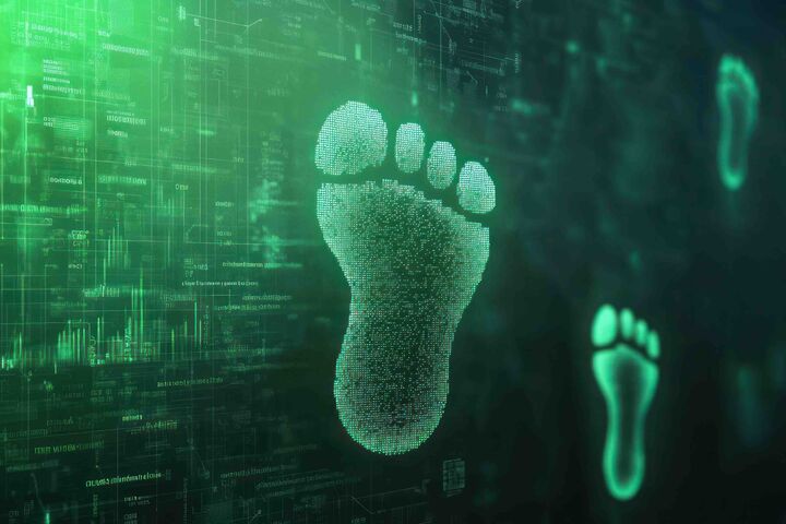 Green digital footprints on a circuit board background.