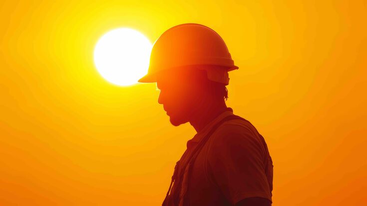 A silhouette of a construction worker wearing a hard hat, standing against a bright orange sunset. The sun is behind the worker, creating a halo effect. The image represents hard work, dedication, and resilience in the face of extreme heat.