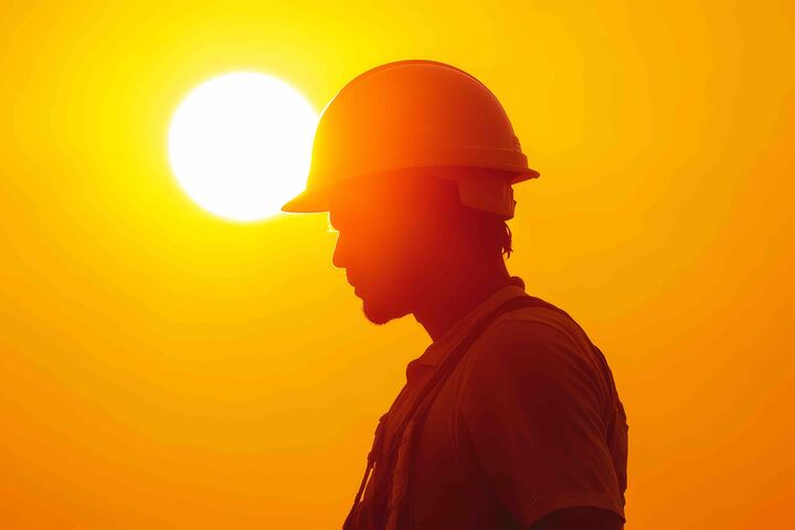 A silhouette of a construction worker wearing a hard hat, standing against a bright orange sunset. The sun is behind the worker, creating a halo effect. The image represents hard work, dedication, and resilience in the face of extreme heat.