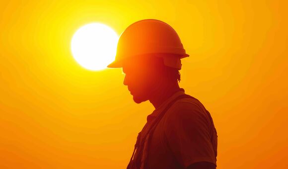 A silhouette of a construction worker wearing a hard hat, standing against a bright orange sunset. The sun is behind the worker, creating a halo effect. The image represents hard work, dedication, and resilience in the face of extreme heat.