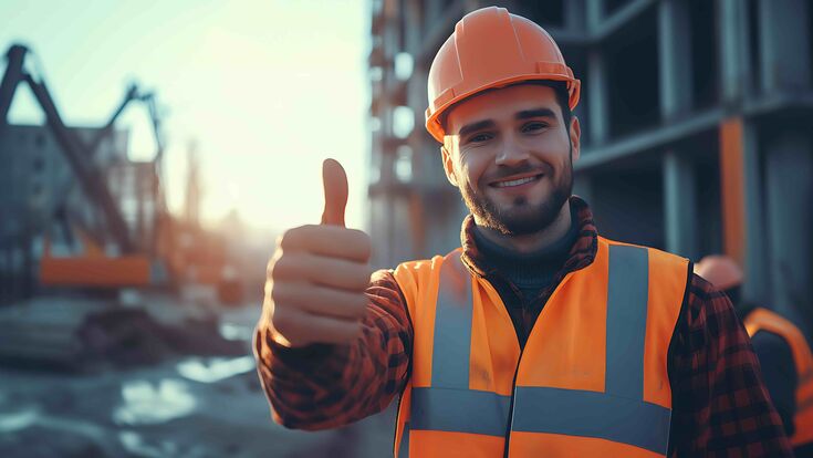 A construction worker giving a thumbs up after successfully completing a complex installation task.