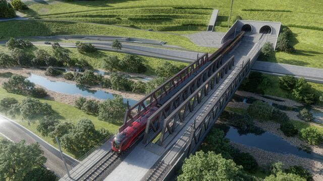 Visualisierung des Nordportals in Gloggnitz, an dem 2029 die ersten Züge in den Semmering-Basistunnel einfahren. Die zwei eingleisigen Röhren erstrecken sich von hier 27,3 Kilometer bis nach Mürzzuschlag in der Steiermark.