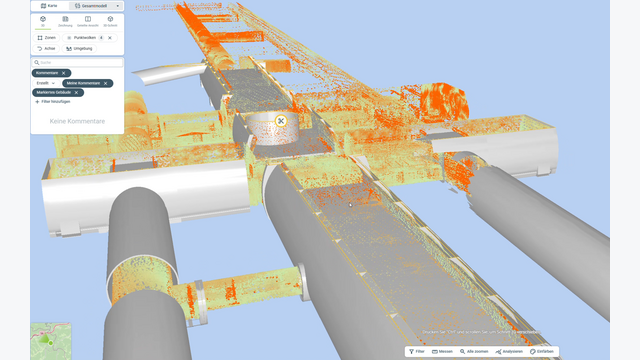 Vergleich_Punktwolke-Gesamtmodell: Soll-Ist-Vergleich im Tunnel: Punktwolke aus dem Laserscan (orange) und digitales Bauwerksmodell (grau) werden überlagert, um Abweichungen zwischen Planung und tatsächlicher Ausführung frühzeitig zu erkennen.