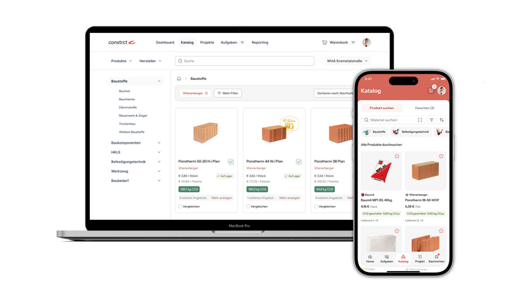 Über Desktop und Onsite-App verbindet Constrct Produktkatalog, Warenkorb und Baustelle – inklusive Projektzuordnung, Lieferinformationen und digitaler Belegverarbeitung.