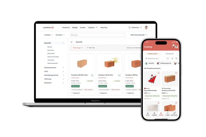 Über Desktop und Onsite-App verbindet Constrct Produktkatalog, Warenkorb und Baustelle – inklusive Projektzuordnung, Lieferinformationen und digitaler Belegverarbeitung.