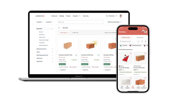 Über Desktop und Onsite-App verbindet Constrct Produktkatalog, Warenkorb und Baustelle – inklusive Projektzuordnung, Lieferinformationen und digitaler Belegverarbeitung.