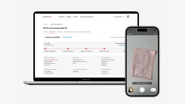 Vom Bestellstatus bis zum Lieferschein-Scan: Constrct verbindet den Lieferprozess mit der digitalen Projektdokumentation.