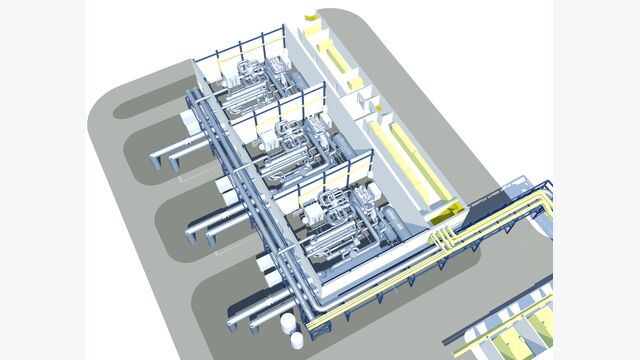 Visualisierung der geplanten 150-MW-Flusswasser-Wärmepumpe in Köln-Niehl: Drei Module sollen ab 2028 Wärme aus dem Rhein für bis zu 50.000 Haushalte bereitstellen.