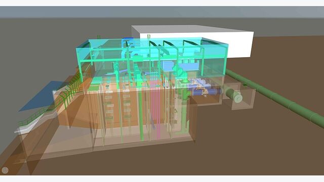 3D-Plan des Einlaufbauwerks am Niehler Hafen: Über Pumpen und Leitungen wird Rheinwasser zur Großwärmepumpe geführt. Bestandteil der Anlage sind auch Systeme zur Rückführung von Fischen und anderen Wasserorganismen.