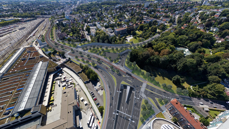 Beim Linzer Hauptbahnhof entsteht der komplexeste Abschnitt der A 26: Drei Tunnelröhren werden auf vier Straßenebenen übereinander angeordnet, während die Waldeggstraße an der Oberfläche neu gestaltet wird.