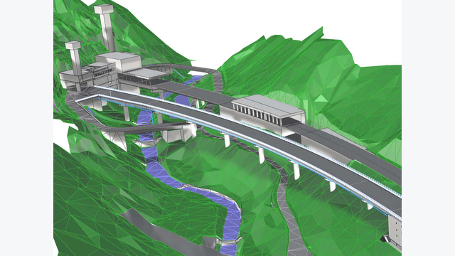 Die digitale Projektansicht zeigt den österreichischen Vorportalbereich mit Zufahrtsbauwerken, Brücken und Betriebsgebäuden. Neben der Tunnelsanierung wird auch das Umfeld des Nordportals umfassend erneuert und neu gestaltet.