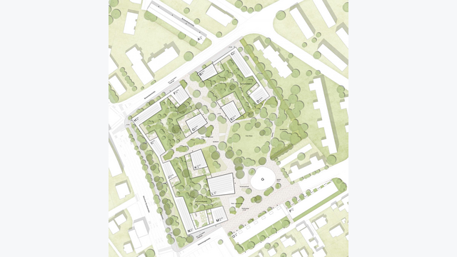 Der Lageplan zeigt die 15 geplanten Gebäude, die öffentlichen Wege und die großzügigen Freiräume des Südtiroler Quartiers. Mindestens 4.000 Quadratmeter Grünfläche sollen öffentlich zugänglich und nicht durch die Tiefgarage unterbaut sein.