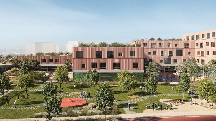 Der neue Bildungscampus am Wiener Nordwestbahnhof soll ab 2028 rund 1.600 Kinder und Jugendliche aufnehmen. STRABAG und Caverion errichten den abgestuften Campus als flexiblen Stahlbeton-Skelettbau mit materiellem Gebäudepass, begrünten Terrassen und rund 13.000 Quadratmetern Außenflächen.