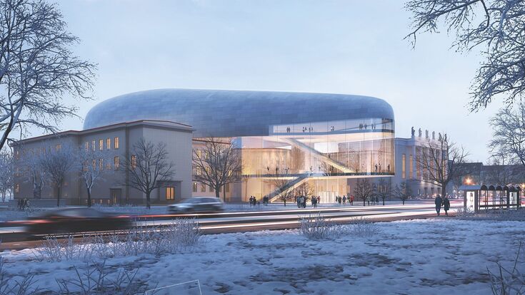 Rund 2.200 Quadratmeter Spezialglas sollen den doppelt gekrümmten Baukörper der neuen Konzerthalle in Ostrava einhüllen. Planung, Fertigung und Montage der Fassade übernimmt Waagner Biro Steel and Glass.