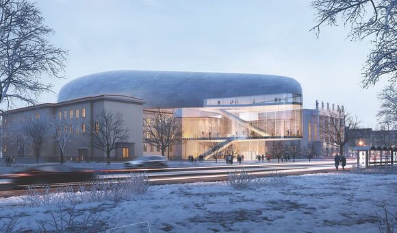 Rund 2.200 Quadratmeter Spezialglas sollen den doppelt gekrümmten Baukörper der neuen Konzerthalle in Ostrava einhüllen. Planung, Fertigung und Montage der Fassade übernimmt Waagner Biro Steel and Glass.
