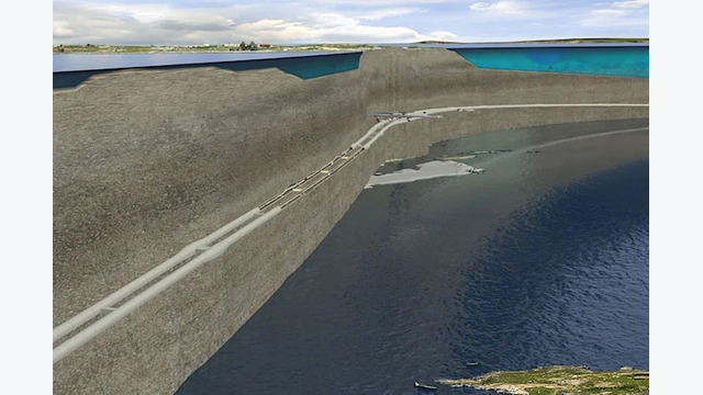 Der Längsschnitt macht die außergewöhnliche Geometrie sichtbar: Von der tief liegenden Tunnelanlage steigt die Inselanbindung durch den Fels bis nach Kvitsøy an.