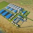 Rendering der geplanten Entsalzungsanlage nahe dem Grand Faw Port, mit markierter Fläche für eine mögliche künftige Erweiterung. Die kugelförmigen Speicherbauten oben links deuten die Dimension der geplanten Wasserspeicherung an.