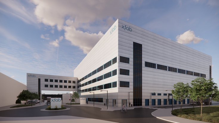 Die Visualisierung zeigt Fab4Micro am bestehenden X-FAB-Standort in Erfurt. PORR plant und errichtet den Neubau mit rund 3.500 Quadratmetern Reinraumproduktionsfläche sowie einem angeschlossenen Bürotrakt.