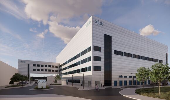 Die Visualisierung zeigt Fab4Micro am bestehenden X-FAB-Standort in Erfurt. PORR plant und errichtet den Neubau mit rund 3.500 Quadratmetern Reinraumproduktionsfläche sowie einem angeschlossenen Bürotrakt.