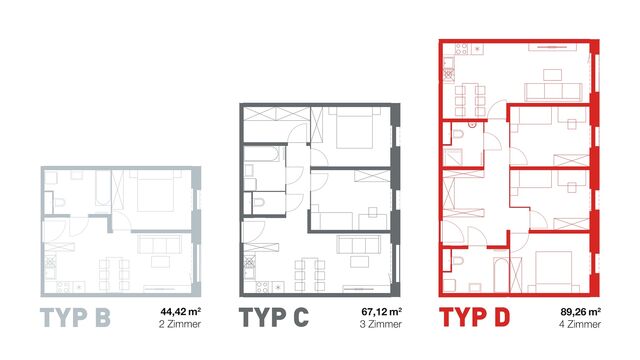 Grundrisse dreier Wohnungstypen mit rund 45, 67 und 90 m²