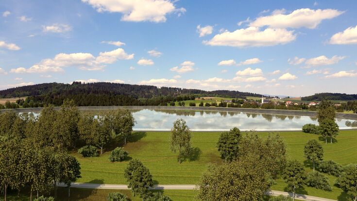 So soll das Oberbecken des Energiespeichers Riedl künftig aussehen. Der neue Speichersee erhält einen nutzbaren Inhalt von rund 4,24 Millionen Kubikmetern und bildet das obere Reservoir des Pumpspeicherkraftwerks.