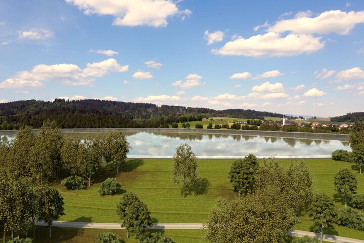 So soll das Oberbecken des Energiespeichers Riedl künftig aussehen. Der neue Speichersee erhält einen nutzbaren Inhalt von rund 4,24 Millionen Kubikmetern und bildet das obere Reservoir des Pumpspeicherkraftwerks.