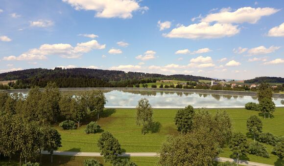 So soll das Oberbecken des Energiespeichers Riedl künftig aussehen. Der neue Speichersee erhält einen nutzbaren Inhalt von rund 4,24 Millionen Kubikmetern und bildet das obere Reservoir des Pumpspeicherkraftwerks.